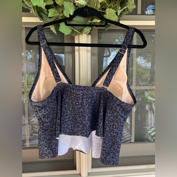 Kona Sol Navy Leopard Print Swim Tankini Top Size XL Plunge V-Neck - Picture 2 of 6